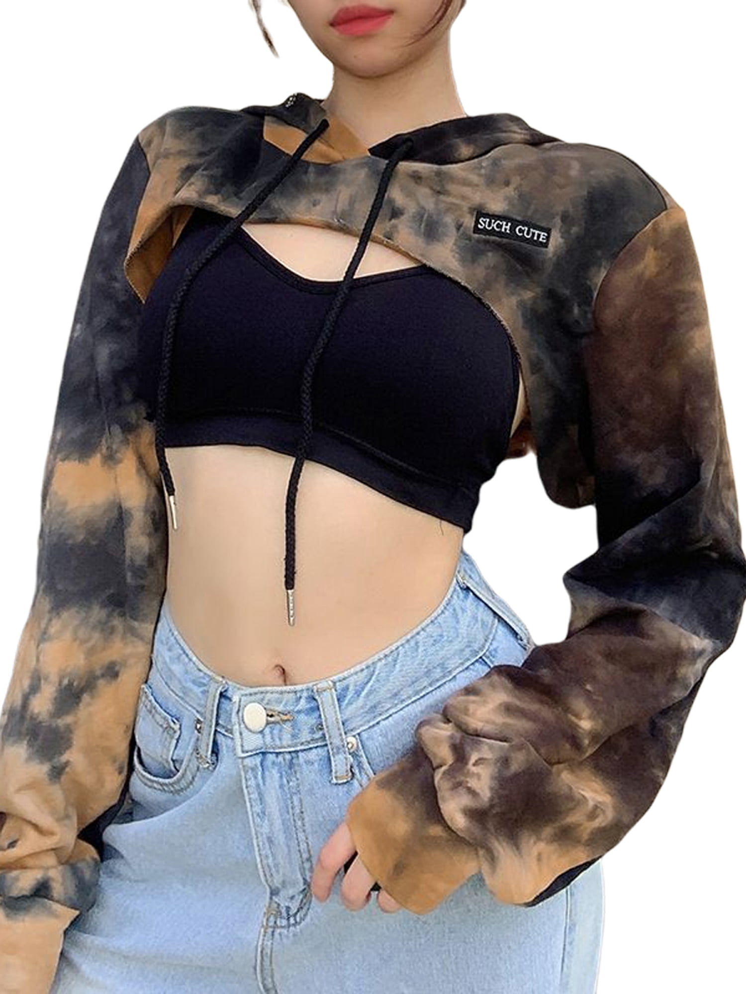 Engood Cropped Hoodies Women Fashion Solid Long Sleeve Pullover Crop Top Sweatshirt with Drawstring 