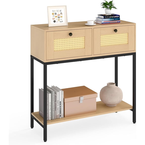 Sunshen Rattan Console Table, 32" Boho Entryway Table with 2 Drawers,Narrow Long Sofa Tables with Open Storage Shelf for Living Room, Hallway, Foyer, Entrance,Natural
