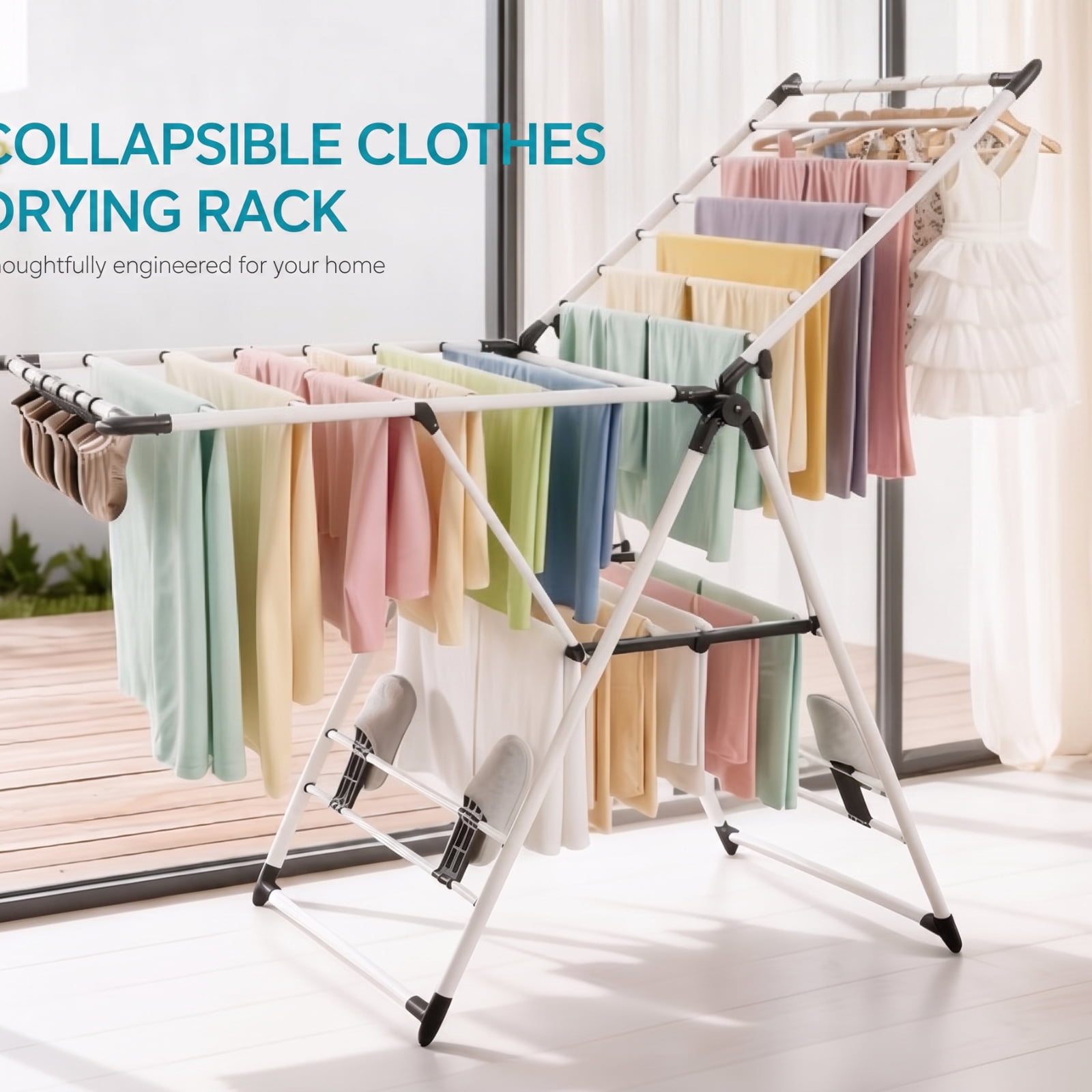 Fenbeli Foldable Clothes Drying Rack, 66 lb Capacity Steel Laundry Rack with Adjustable Wings and Sock Clips, Collapsible Indoor Outdoor Dryer Stand in White+Black