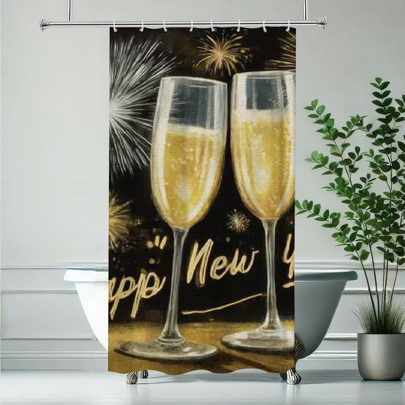 RKSupls New Year Shower Curtain, Wine glass Shower Shower Curtain with Hooks for Christmas Home Bathroom Decor Washable Curtains, 36x72 in