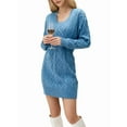 thumbnail image 3 of Womens V Neck Mini Sweater Dress Cable Knit Long Sleeve Casual Loose Fall Tunic Pullover Sweaters Peacock Blue M, 3 of 8