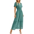 thumbnail image 4 of Neewe Robe Maxi d'Été pour Femmes, Ample, Unie, Col en V, Manches Courtes, Tunique, Taille Plissée, Décontractée, Longueur Cheville, Ourlet en Dentelle, 4 of 7