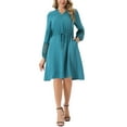 thumbnail image 2 of INSPIRE CHIC Women's Long Sleeve Ruffle V Neck Drawstring Waist Knee Length Flowy Boho Dress S Lake Green, 2 of 6