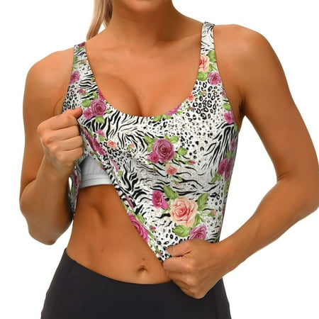 Qokaie Roses Mixed Zebra Pattern Womens Scoop Neck Sports Bra Breathable Workout Vest Padded U Back Medium Impact Fitness Gym Yoga Bra Workout Crop Top