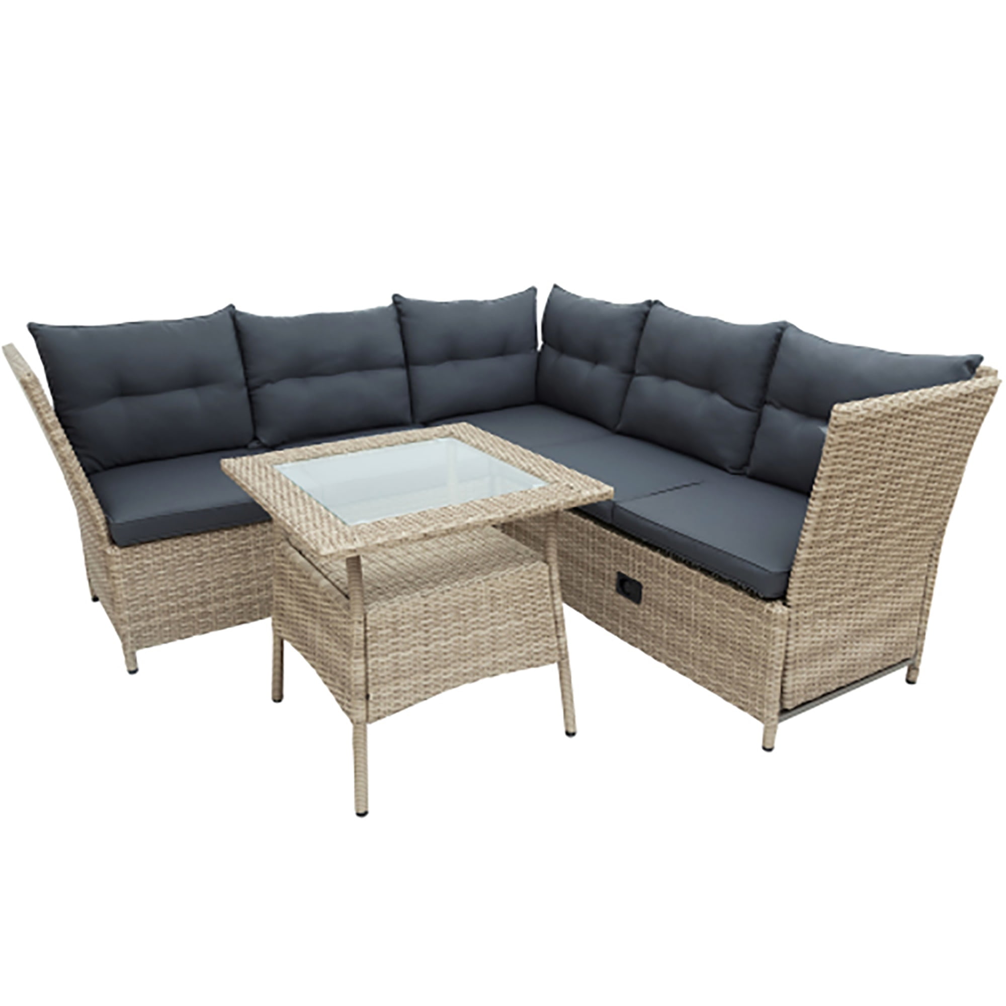 Kadyn All-weather PE Wicker Rattan Sectional Set with Adjustable Backrests for Outdoor Patio, Backyard, Poolside (4 Piece Natural Rattan + Gray Cushions)