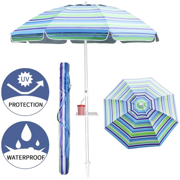 Aclumsy 7ft Beach Umbrella With Tilt Aluminum Pole And Upf 50 Air Vents Design And Portable Sun Shelter For Sand And Outdoor Activities Blue Green White Stripe Walmart Com Walmart Com