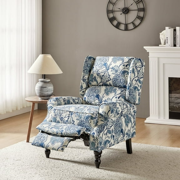 Vintage Floral Wingback Manual Push Back Recliner Chair for Living Room Home Theater GREENGUARD Certified Blue
