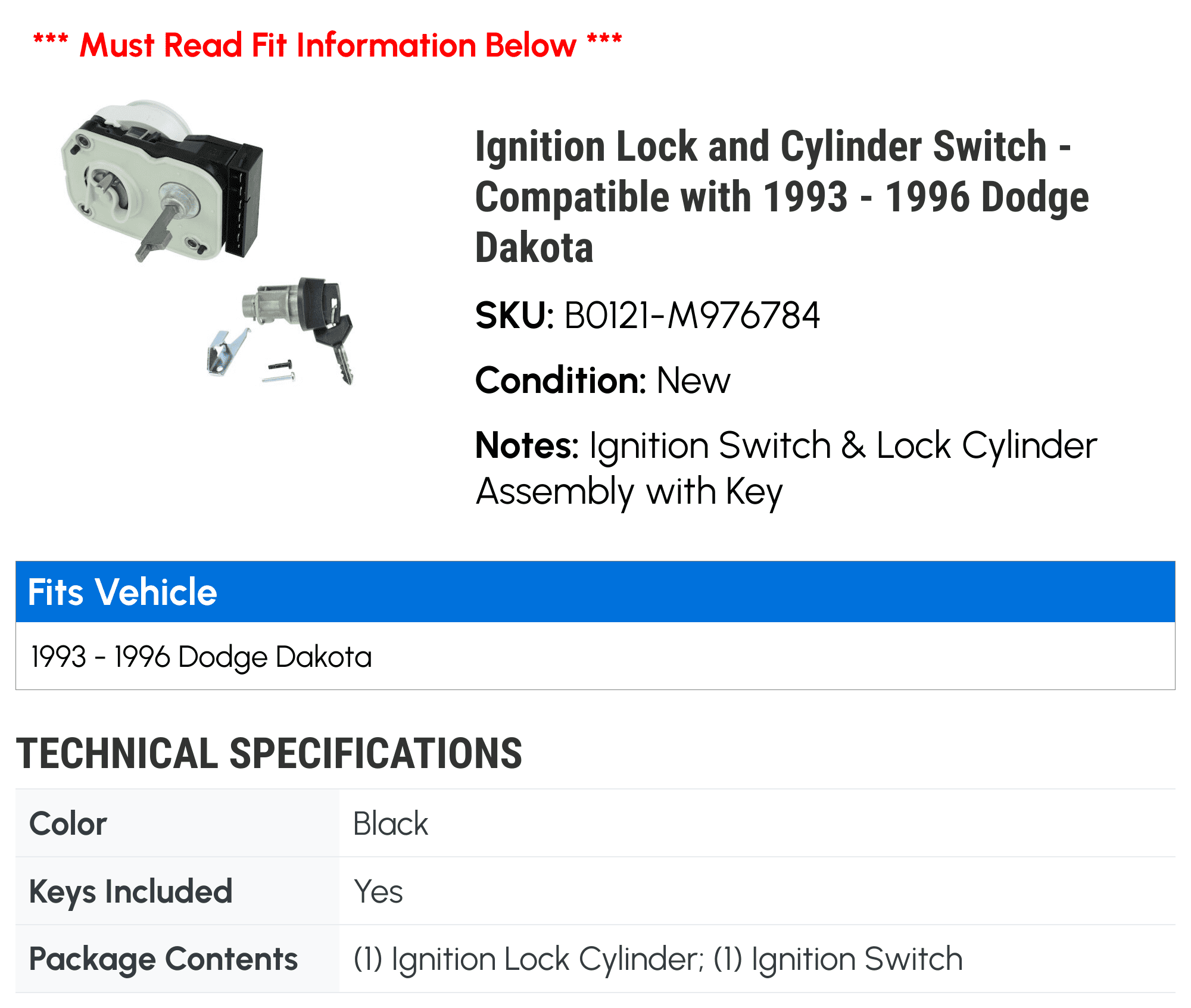 Ignition Lock and Cylinder Switch - Compatible with 1993 - 1996 Dodge Dakota 1994 1995
