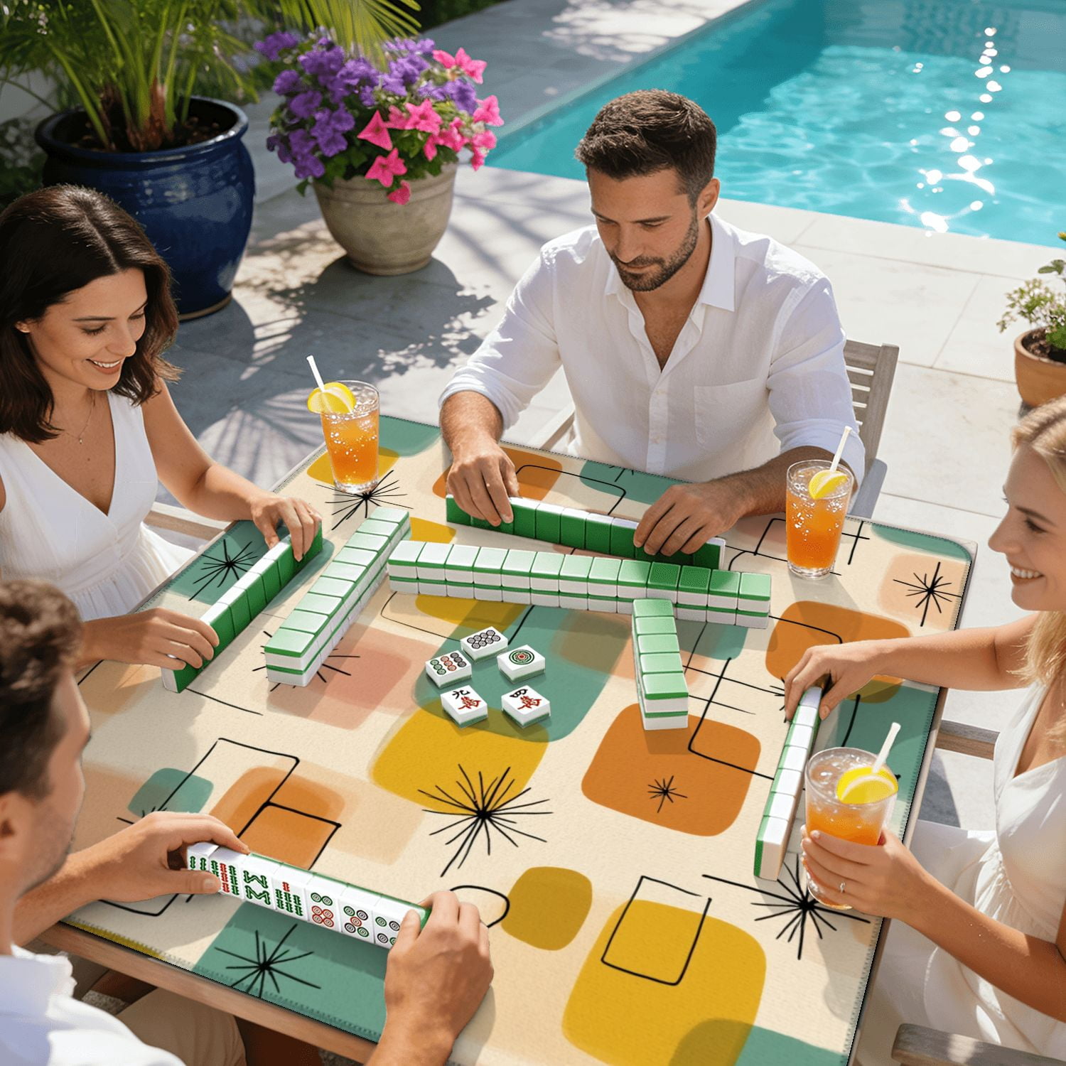 Mahjong Mat 31.5" x 31.5" Retro Geometric Abstract Squares Vibrant Colors Non-Slip Noise Reduction American Mahjong Tiles Table Cover for Dominoes Poker Card Board Games Gift