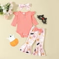 thumbnail image 2 of RMGVDSD Baby Girl Clothes Toddler Girls Long Sleeve Solid Color Rompers Tops And Cartoon Printed Flare Pants With Headband 3Piece Children's Clothing Set 0-3 Months, 2 of 9