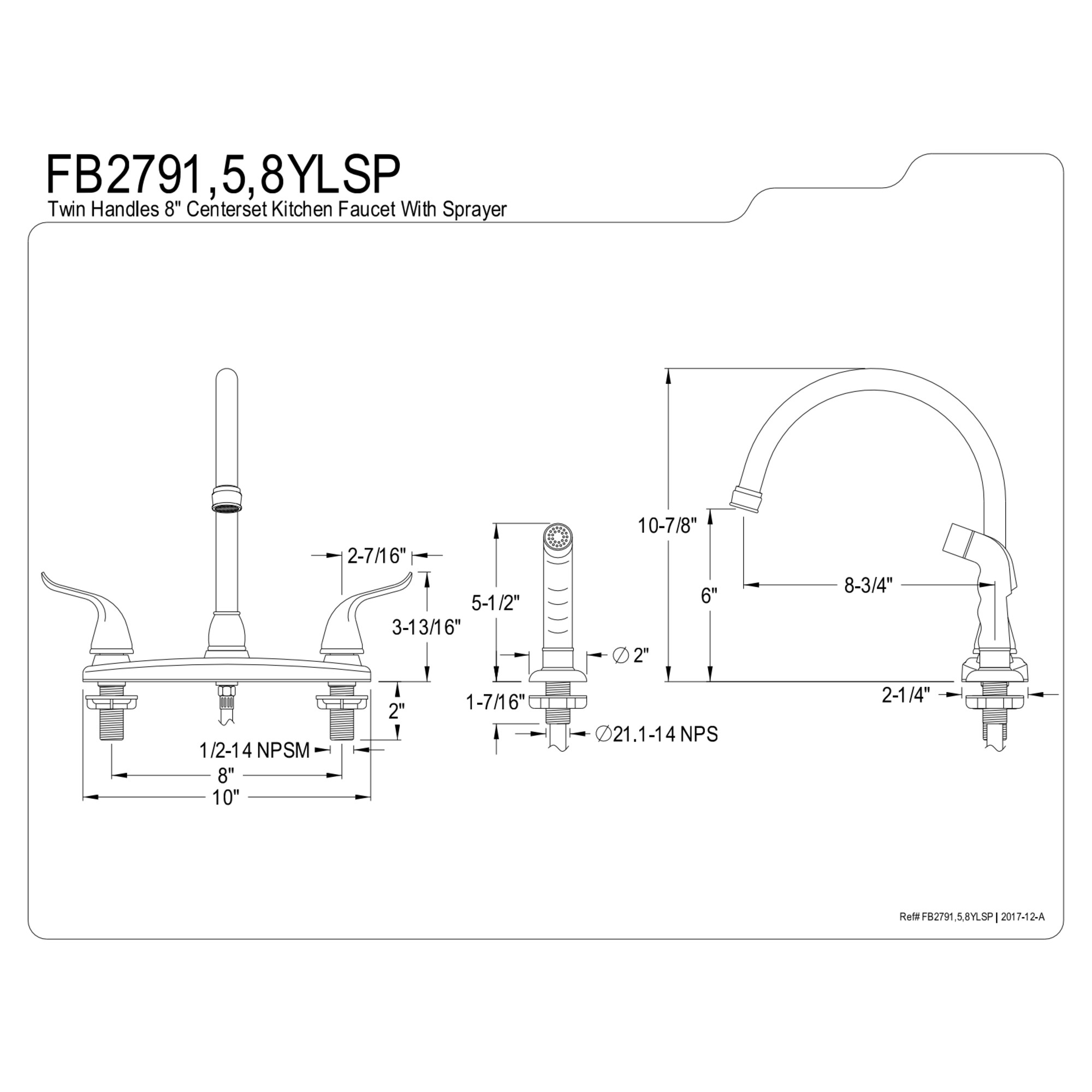 Kingston FB2791YLSP Yosemite Two-Handle 4-Hole 8" Centerset Kitchen Faucet with Side Sprayer in Polished Chrome