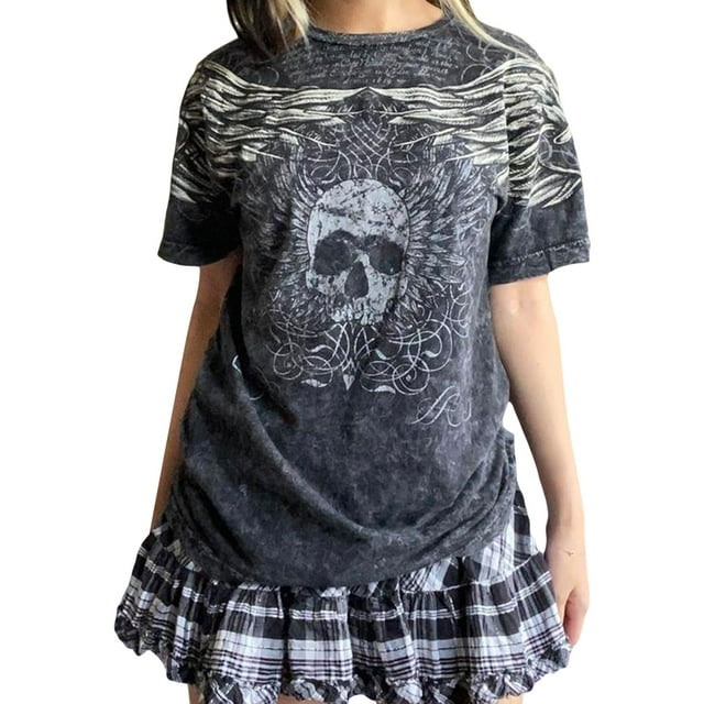 Faithtur T-Shirts à Col Rond pour Femmes Ailes de Crâne Gothiques à Manches Courtes
