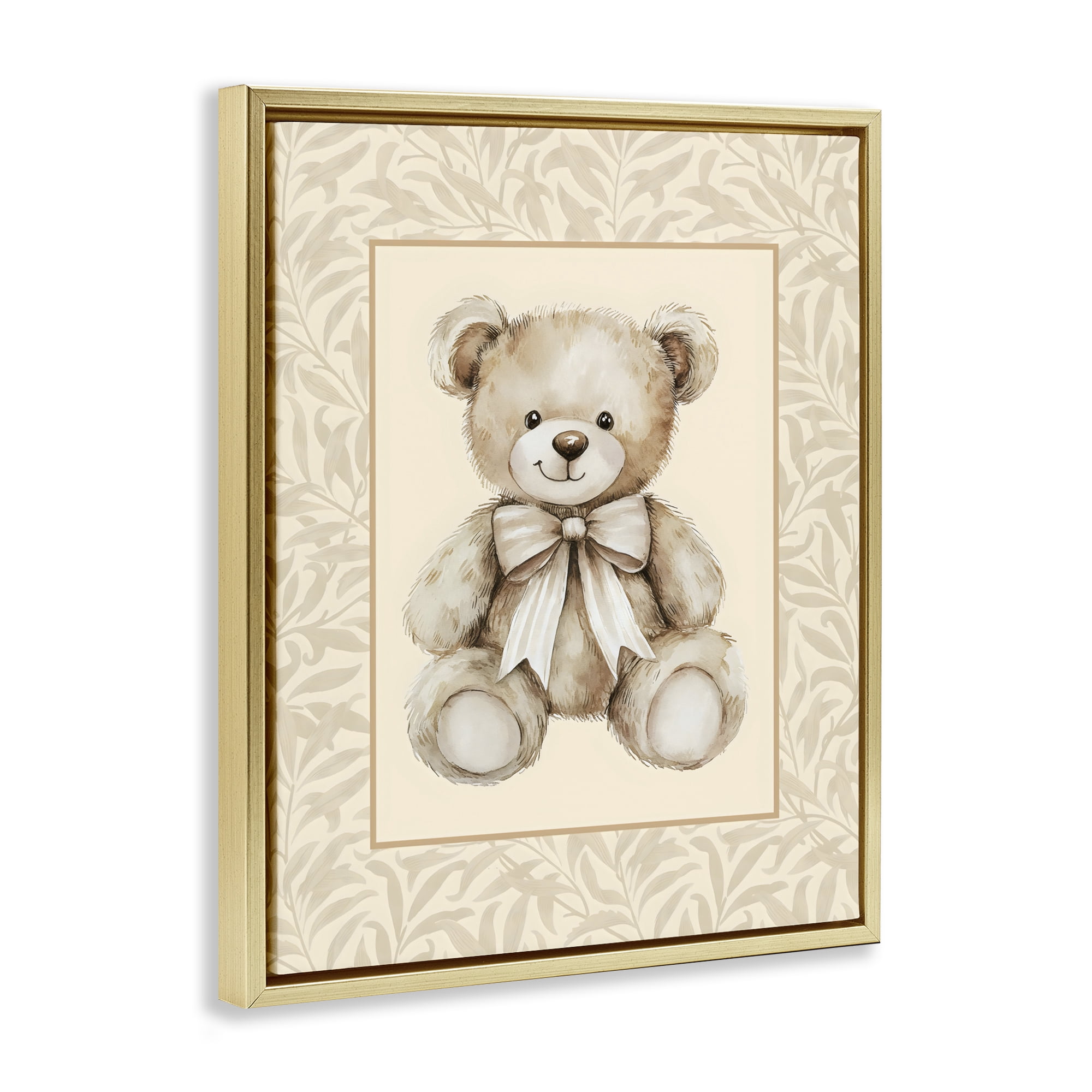 Stupell Industries Beige Teddy Bear and Border Gold Framed Floater Canvas Wall Art, design by LSR Design Studio