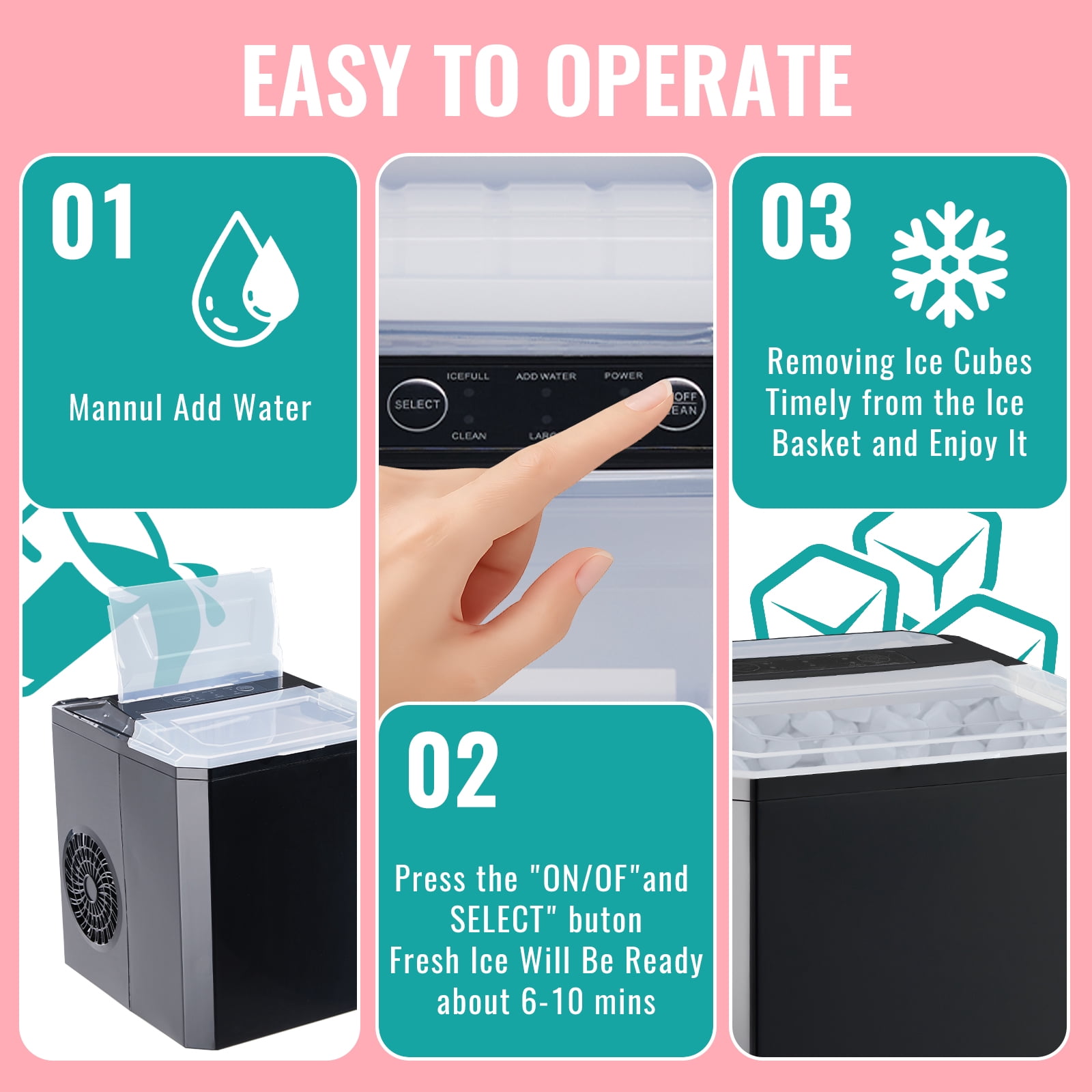 Ice Maker Machine Countertop WANAI 26 lbs/24H 9 Bullet Ice Type Cubes Ready in 6-8 Minutes, Ice Scoop & Basket for Home Party Office Bar RV