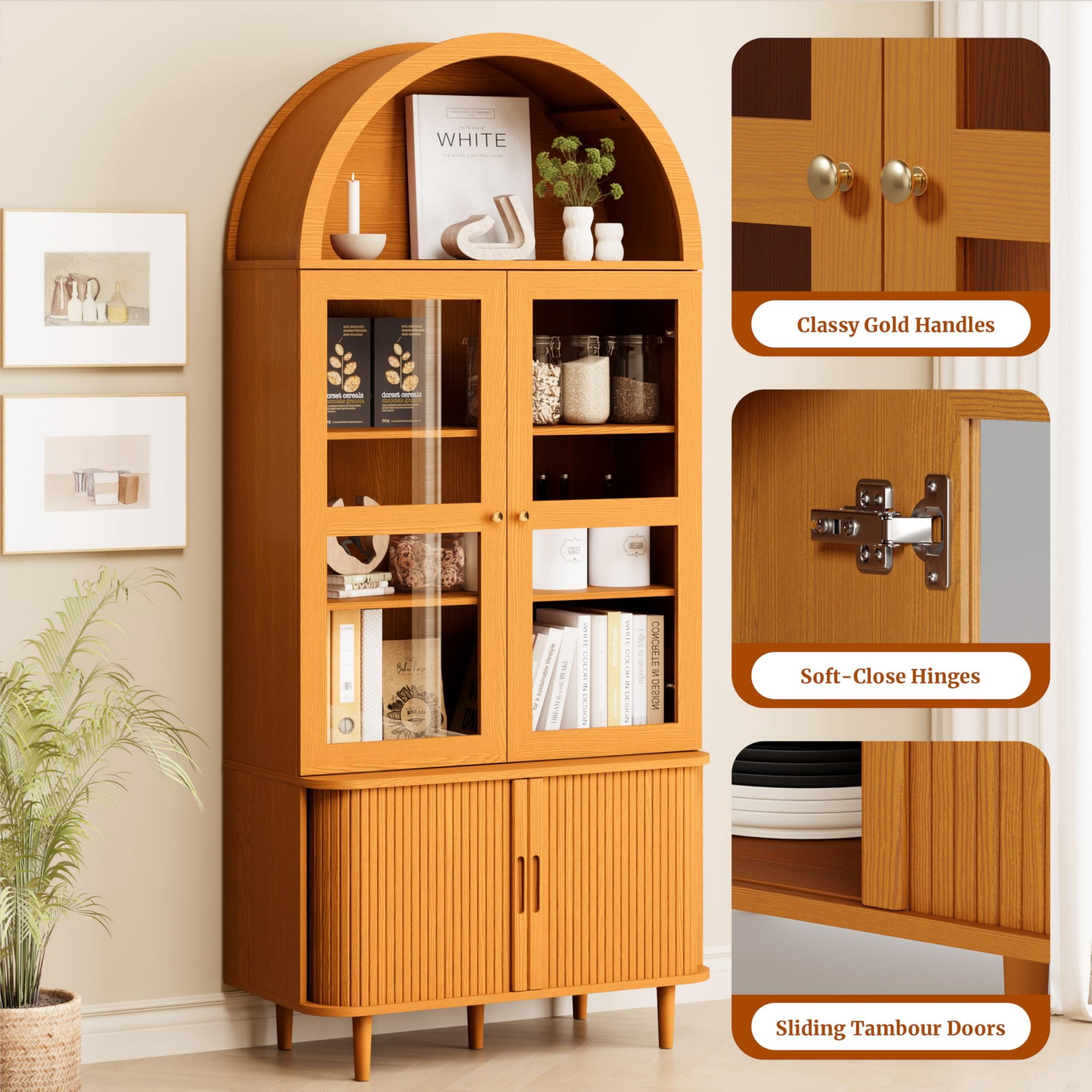 71 Inch Arched Cabinet with Glass Sliding Doors, Fluted Tall Pantry Cabinet with Adjustable Shelves, Yellow