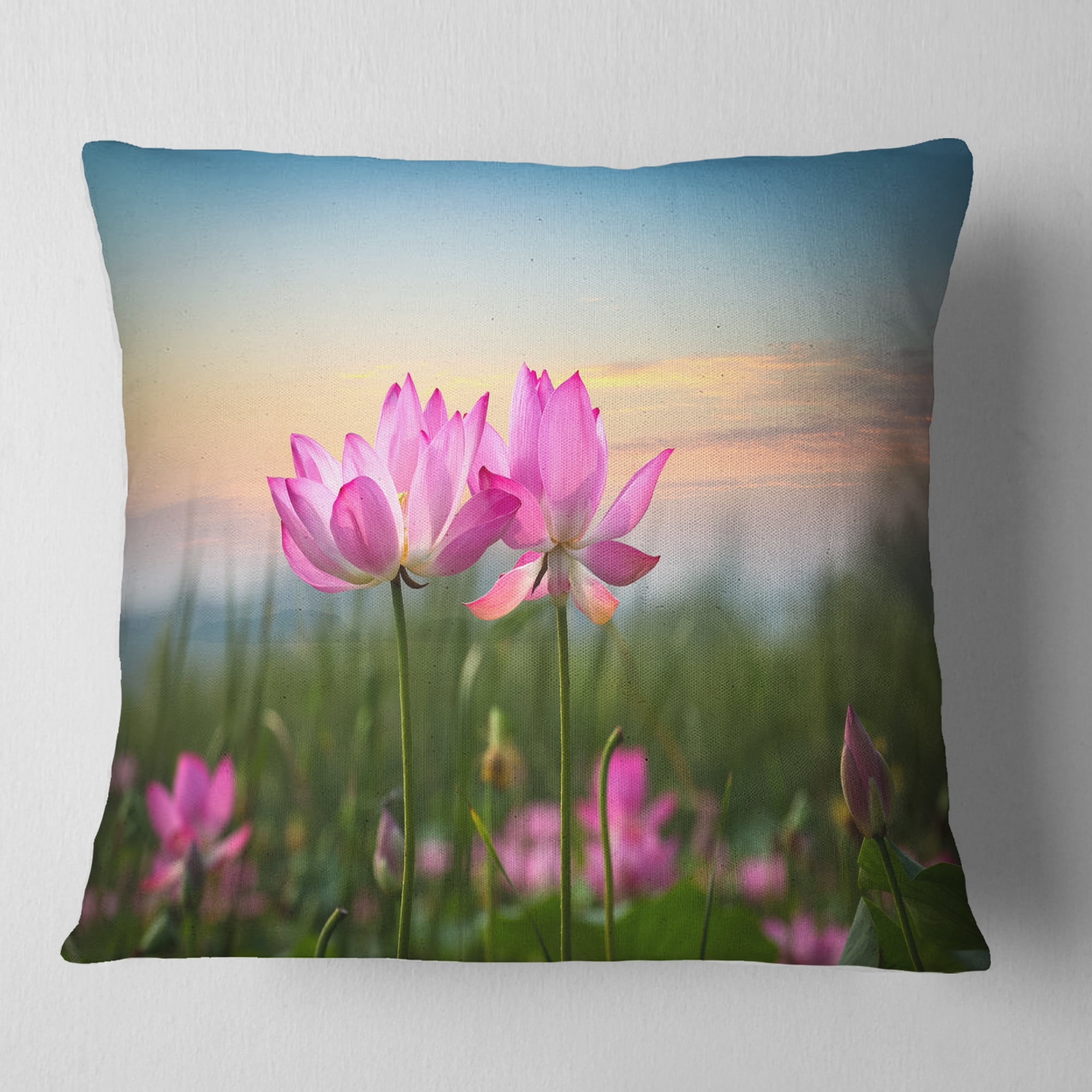 Designart Blooming Lotus Flowers at Sunset - Floral Photo Throw Pillow - 16x16