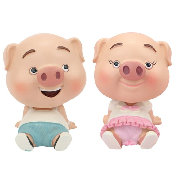2Pcs Creative Bobblehead Pig Ornament Doll Supplies Car Decor (Pink,Sky-blue)