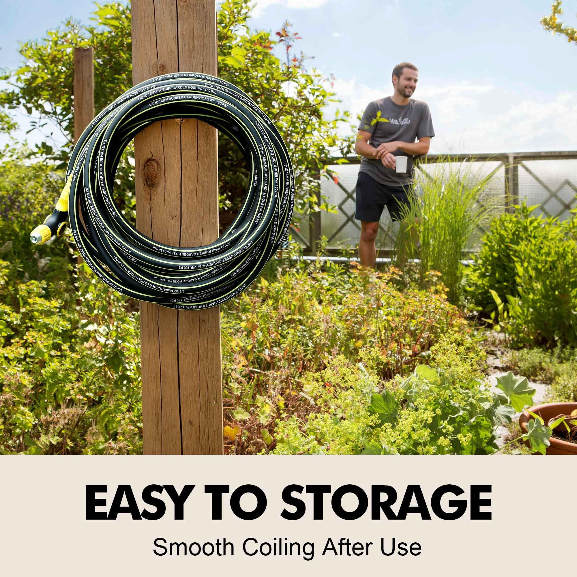 Lightweight Rubber Garden Hose 100 ft, 5/8" Hybrid Rubber Hose with Solid Brass Fitting, Water Hose Pipe for Outdoor, Cleaning & Washing