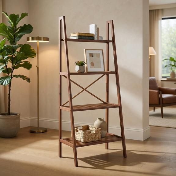 Spaco 58 Inch 4-Tier Bamboo Ladder Bookshelf-Walnut, High Bookshelf, Display Storage Rack, Suitable for Home Offices