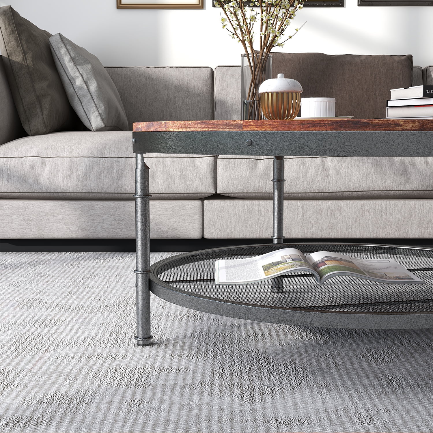 Kadyn 2-Tier Round Coffee Table, Particle Board Coffee Table with 3D Texture Metal Frame and Mesh, Modern Round Coffee Table for Living Room, Rustic Brown Kadyn 2-Tier Round Coffee Table, Particle Board Coffee Table with 3D Texture Metal Frame and Mesh, Modern Round Coffee Table for Living Room, Rustic Brown
