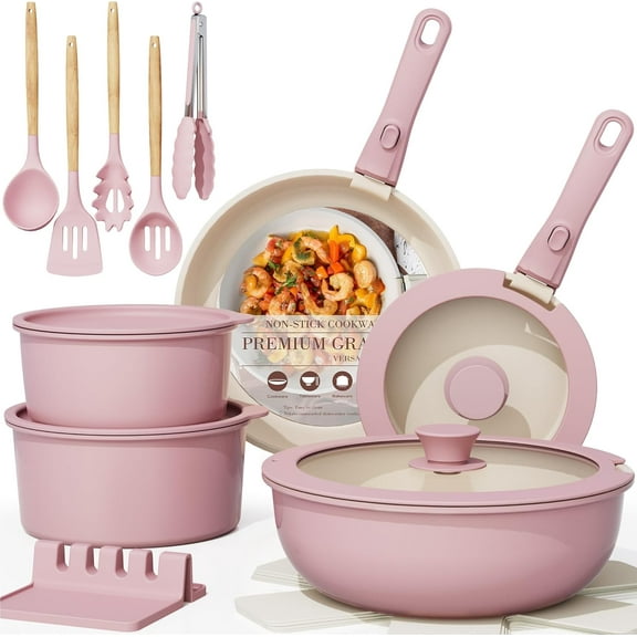 21 Pcs Pots and Pans Non Stick Ceramic Cookware Set, Detachable Handles, RV Kitchen Cooking Set, Oven Safe, Induction Ready, Stackable, Pink