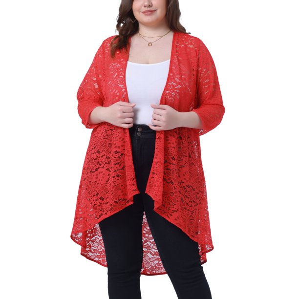 Cárdigan de encaje floral de nylon casual para mujer de tallas grandes Agnes Orinda, manga 3/4, 1X, rojo