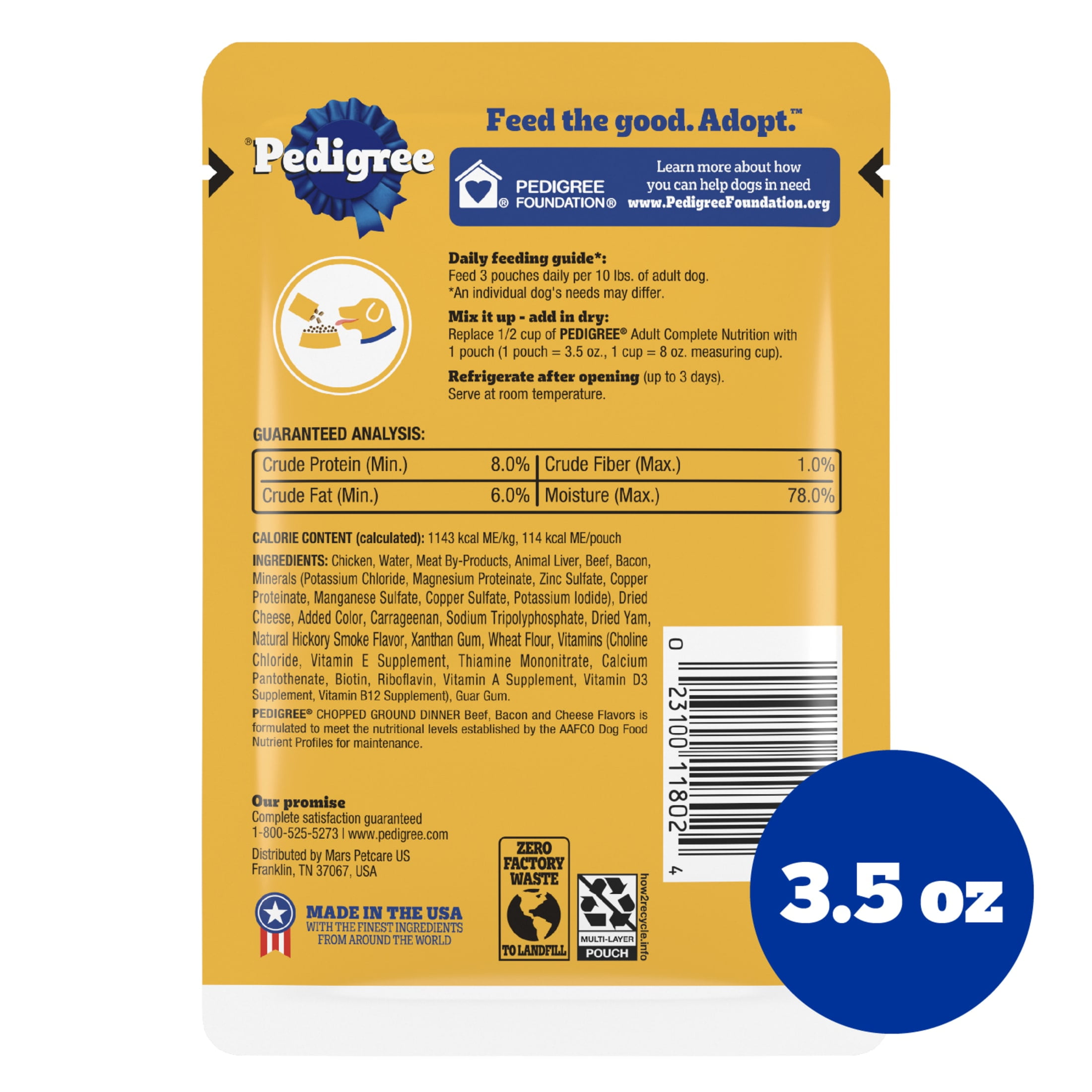 (24 pack) Pedigree Chopped Ground Dinner Beef, Bacon & Cheese Flavors Adult Soft Wet Dog Food, (16) 3.5 Oz Pouches