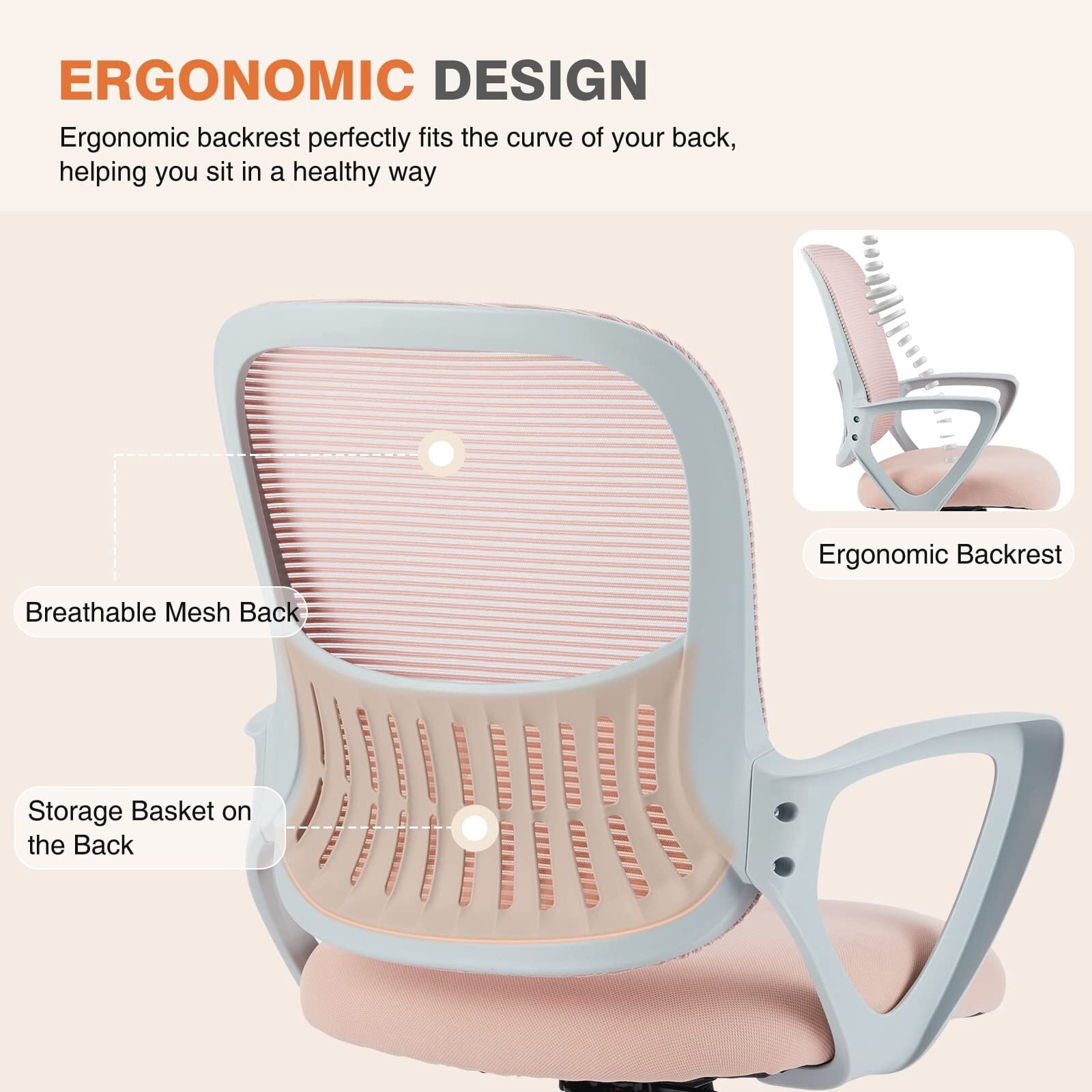 Kelno Ergonomic Mesh Office Chair Mid Back Desk Chair with Lumbar Support Adjustable Height Swivel Task Chair, Pink