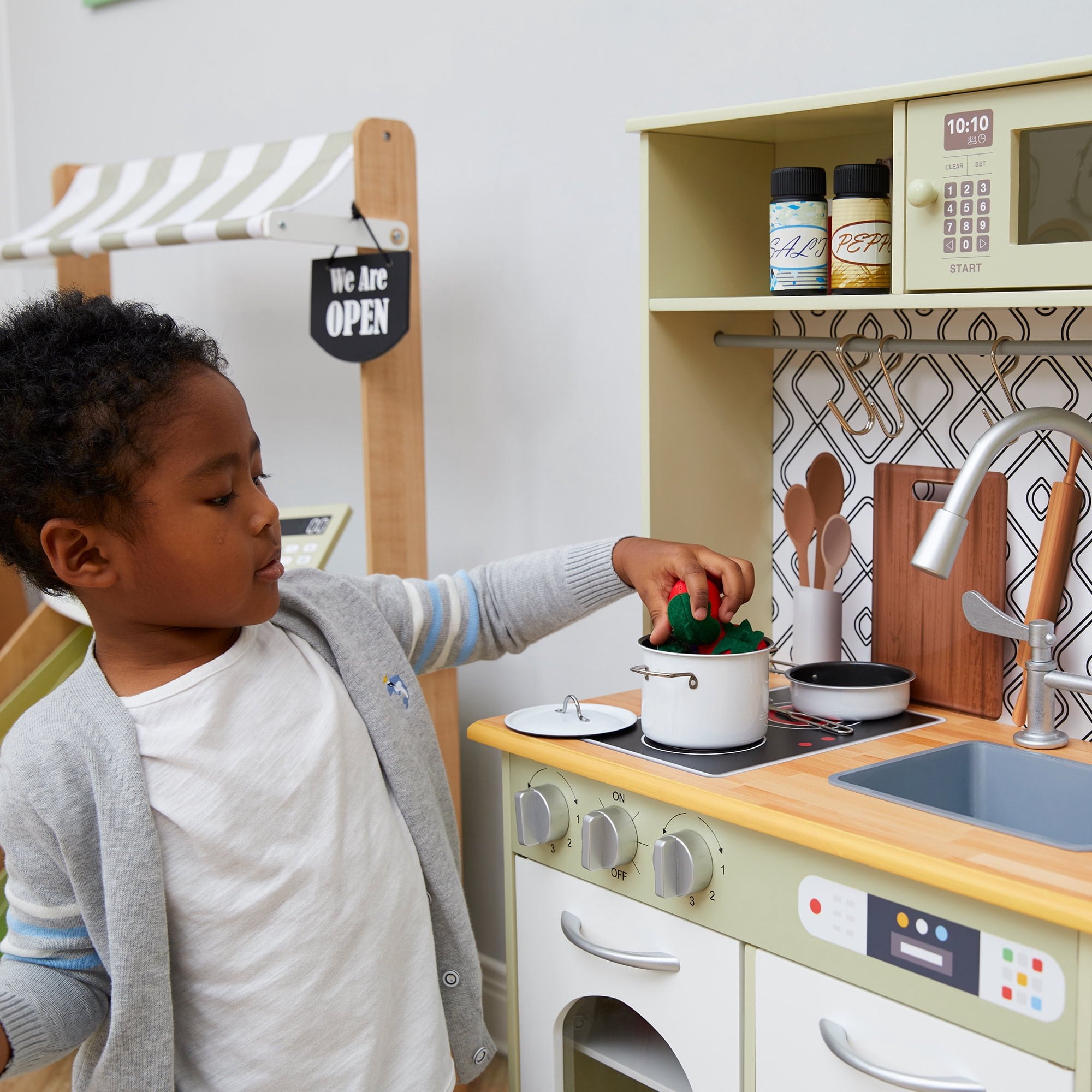 Teamson Kids Little Chef Boston Modern Farmhouse Kitchen Playset with Interactive Features and 9 pc. Accessory Set, Olive Green/White