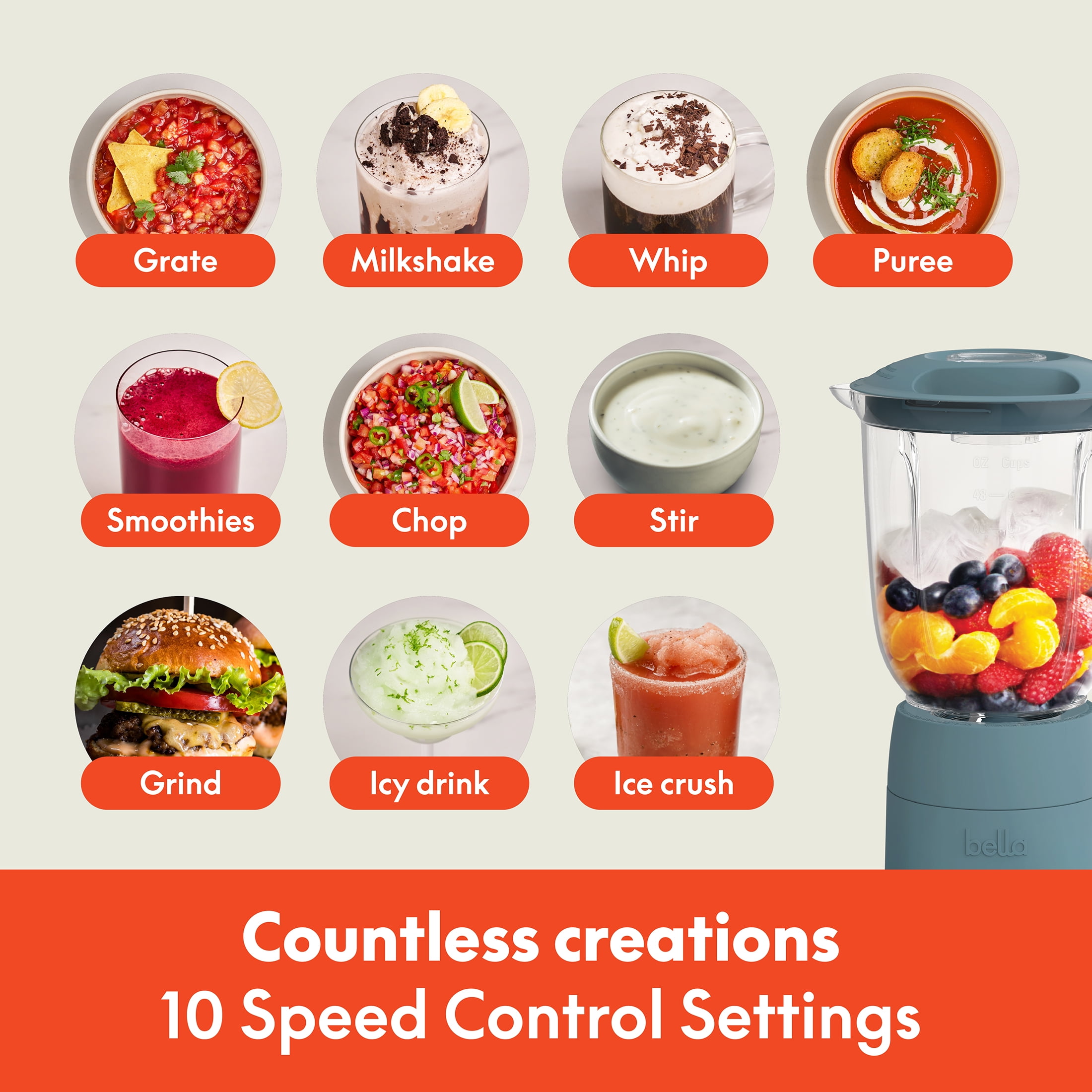 bella 10 Speed Countertop Blender, 48 oz Dishwasher Safe Pitcher, Juicer & Smoothie Maker with Fits-Anywhere™ Slim Flip & Store Design, Stainless Steel Blade, Surf