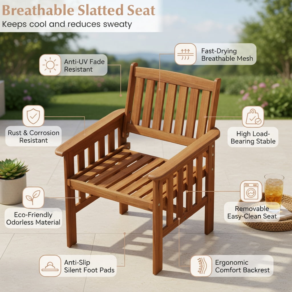 Hommoo 2-Piece Solid Wood Outdoor Patio Chairs Set, Ergonomic Slatted Seat, Inclined Backrest & Armrests for Porch, Balcony & Backyard, Natural