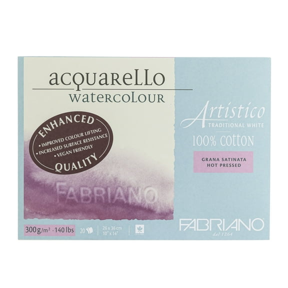 Fabriano Artistico Traditional White Watercolor Block, 140 lb./300 gsm, Hot Press, 20 Sheets, 10" x 14"