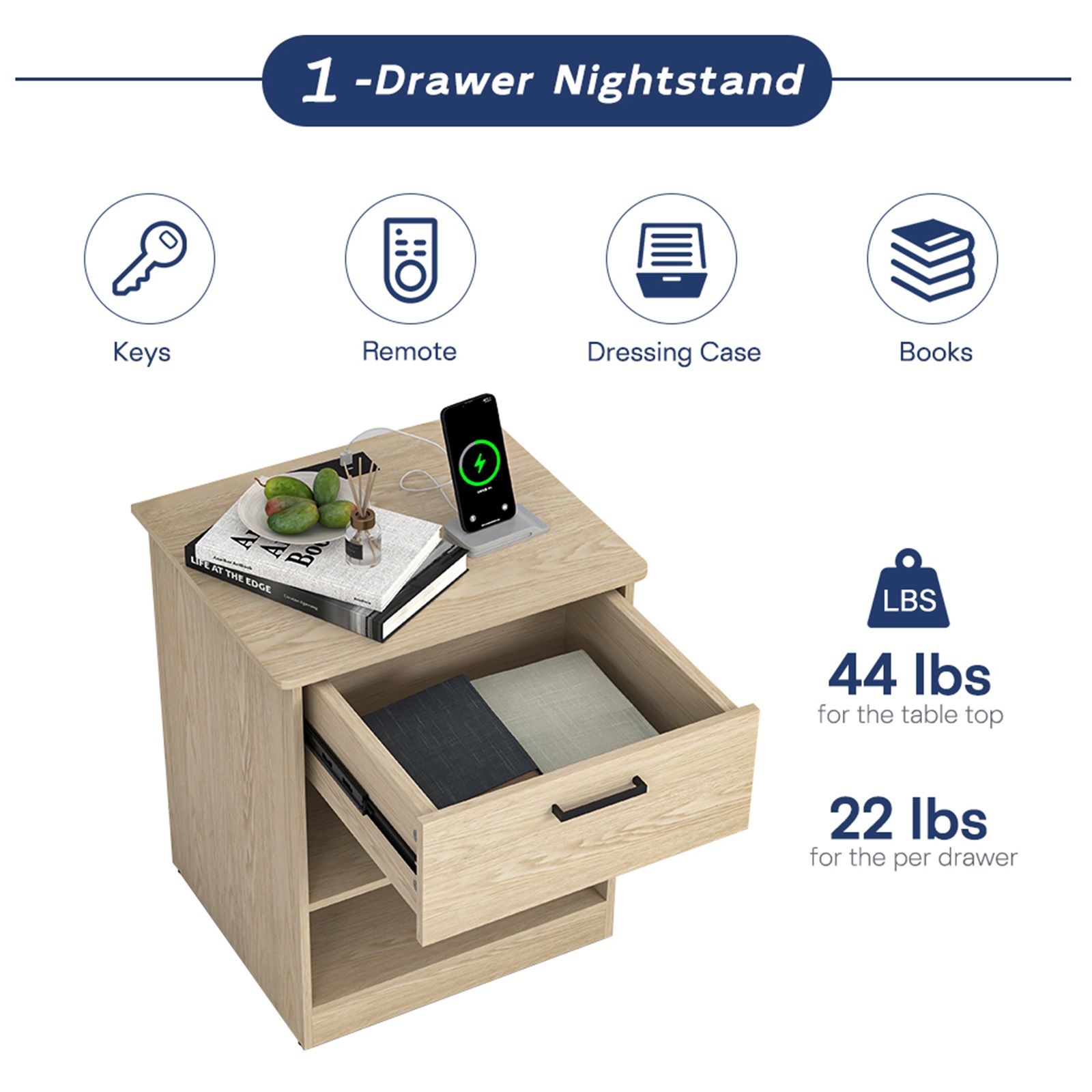 Hommoo Modern Nightstand with Charging Station, End Side Table Bedside Table with Drawer and Open Storage, Natrual