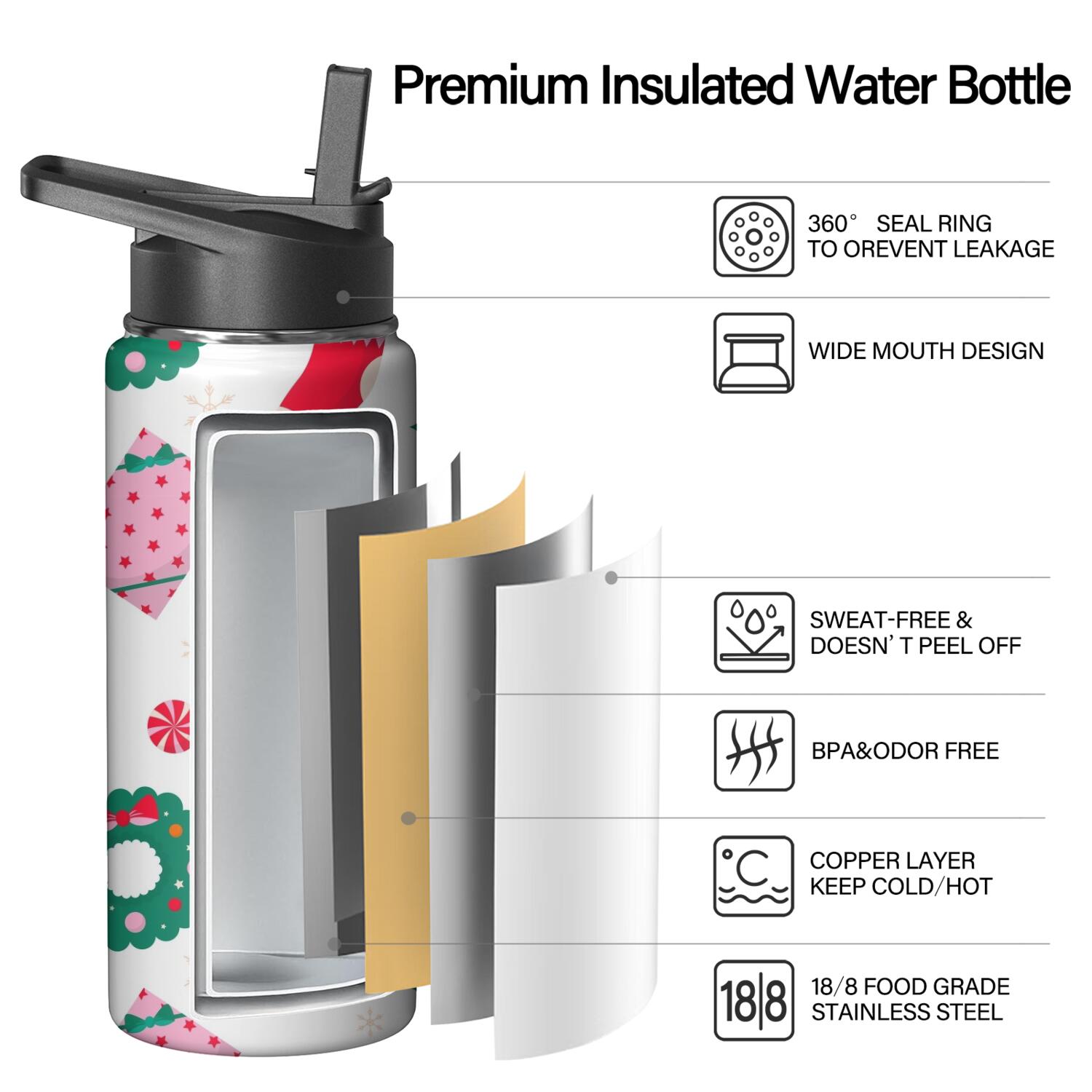 Christmas 18 oz Insulated Stainless Steel Water Bottle with Straw & Cleaning Brush , Leakproof, BPA-Free, 304 Stainless Steel, Wide Mouth, Travel Mug for Car, Gym, Office