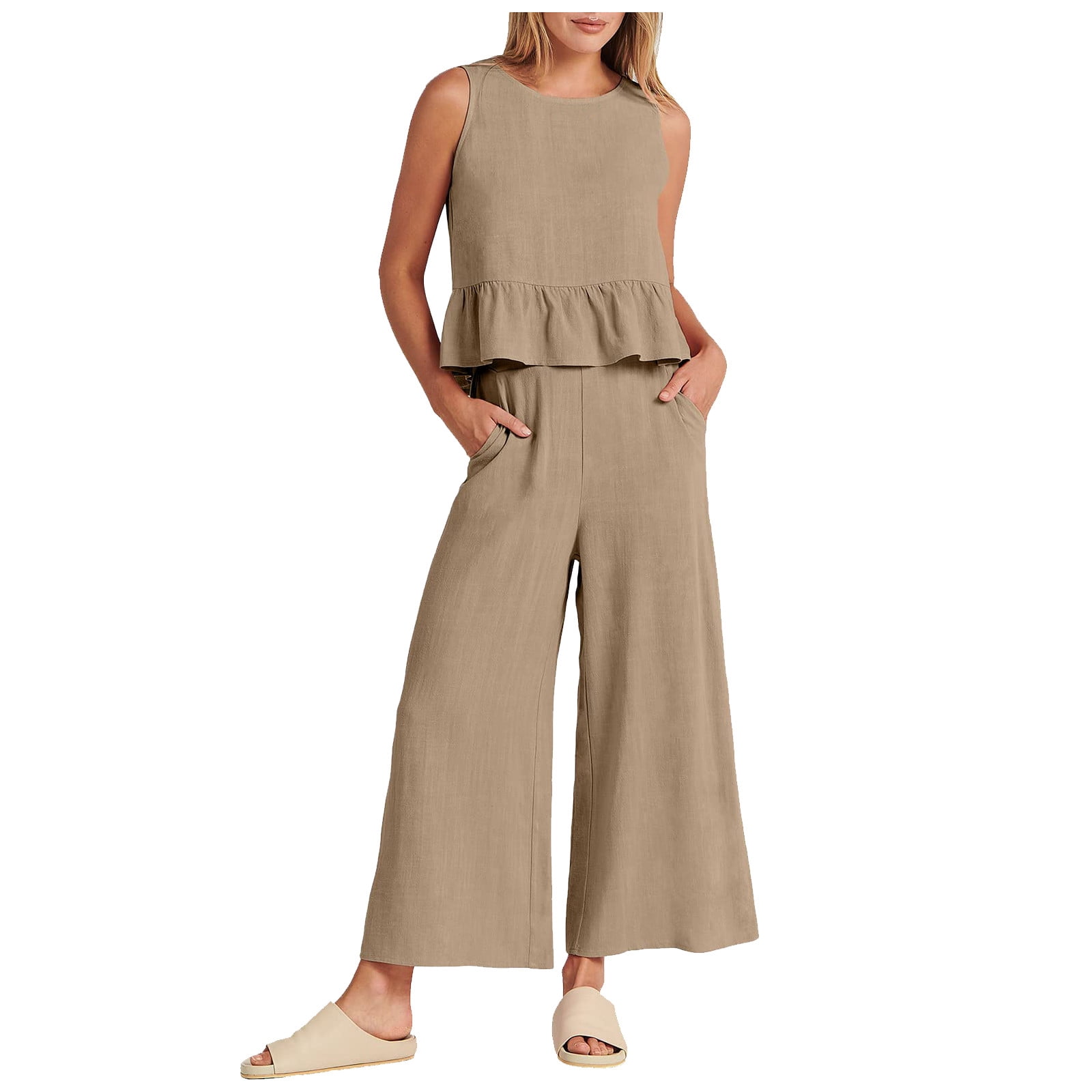 Mlqidk Women's Summer 2 Piece Outfits Sleeveless Ruffle Tank Crop Top