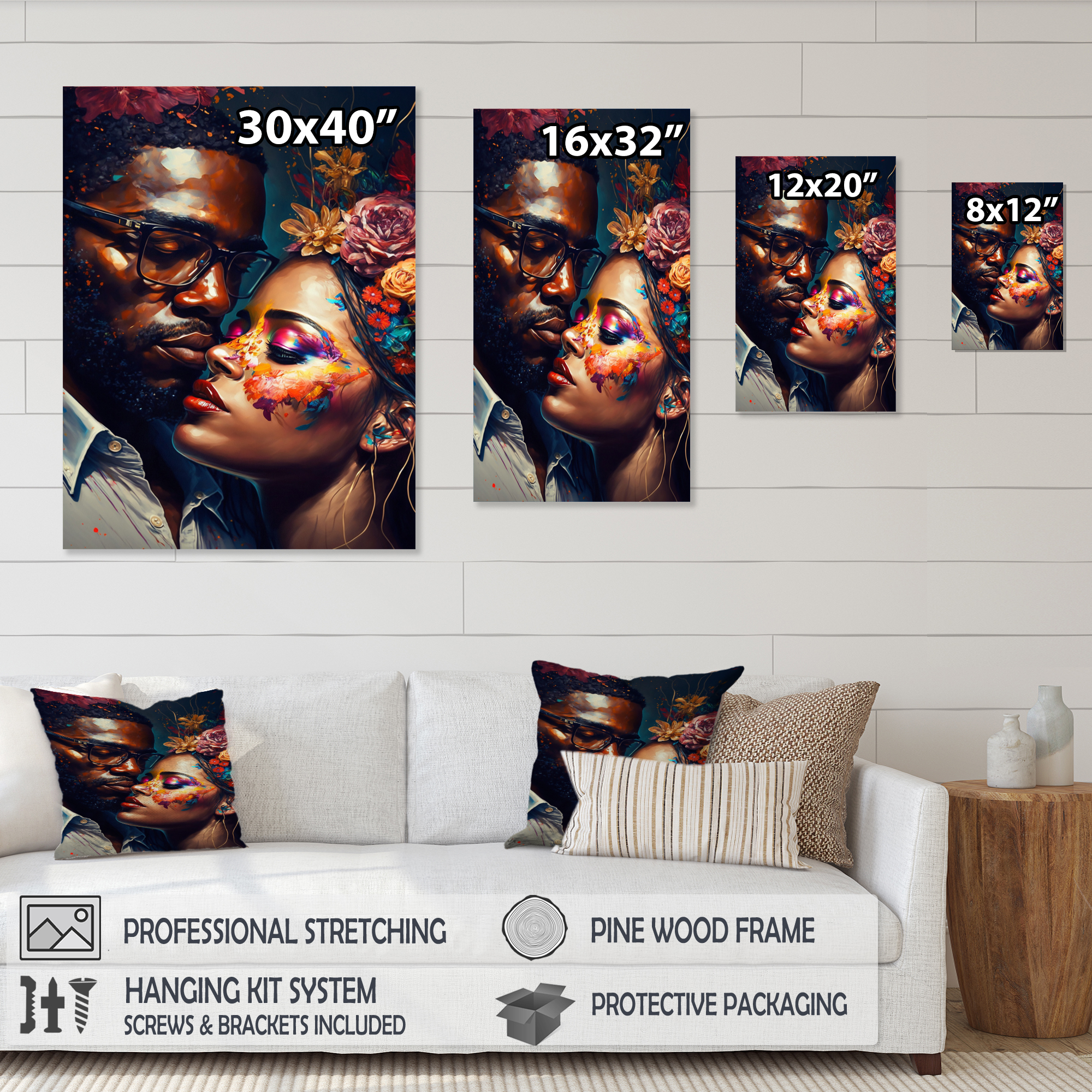 Designart Loving Couple Kissing Floral Design III Canvas Wall Art
