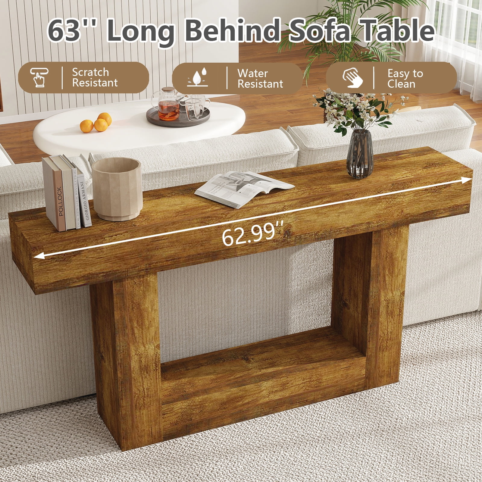 Hommoo 63" Wooden Console Table, Farmhouse 2-Tier Sofa Table, Entryway Table Hallway Table, Rustic Brown