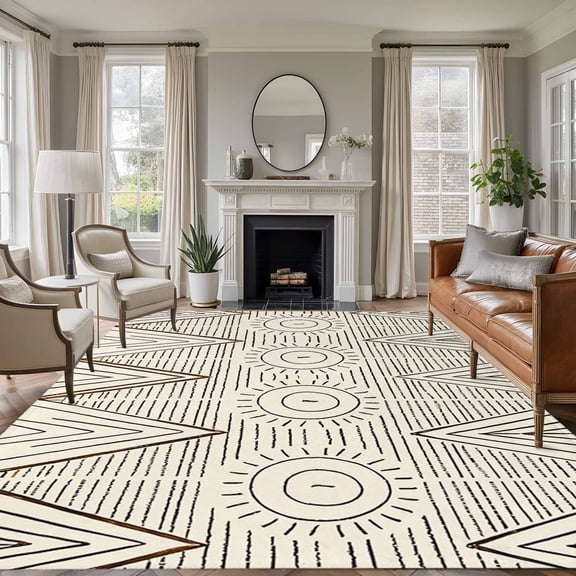 Large Area Rugs for Living Room Bedroom, Black Beige Boho 5'x8' Rug Washable Carpet Runner Indoor Outdoor, Vintage Ethnic Tribe Abstract Art Non Slip Floor Mats Rug for Kitchen, Bathroom
