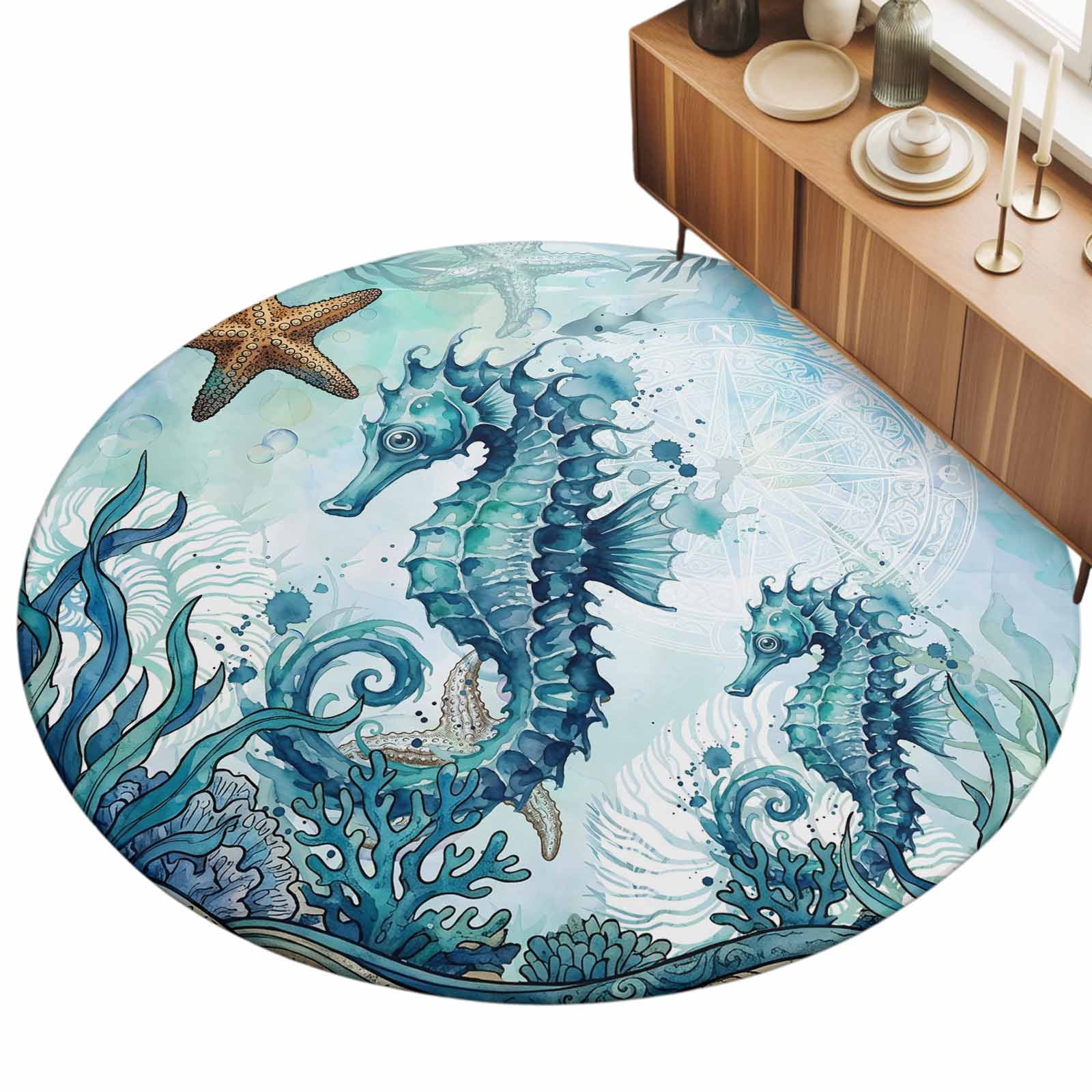 Small Round Rug 3Ft, Ocean Seahorses Non-Slip Washable Circle Rugs Carpet, Coastal Animals Seaweed Strafish Compass Blue Indoor Outdoor Rug Floor Mats Throw Runner for Bedroom Living Room Bathroom