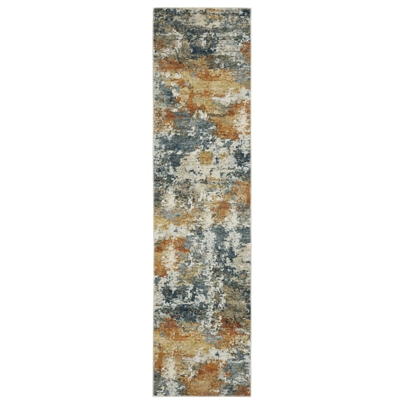 Oriental Weavers Malibu Washable Area Rug - MAL05 - 2' x 8' - in Orange/ Blue - Modern Style, Non-Slip, Stain Resitant, Ultra Low Pile, Entryway, Hallway Runner Rug