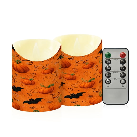 2 PCS Tilted Flameless Candles Flickering LED Lights Battery Operated Candles with Remote Timers for Holiday Decor Orange Pumpkins and Bats