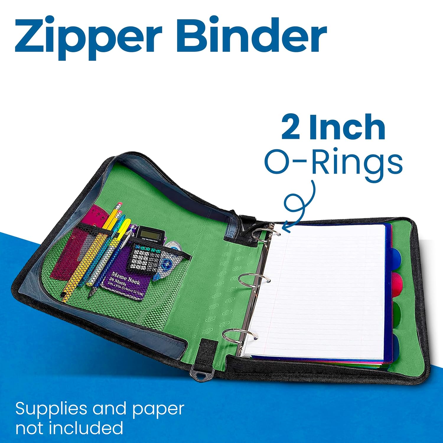 Case-it Classic Zipper Binder | 2-Inch O-Rings, 350 Sheet Capacity, Multiple Storage Pockets & Shoulder Strap | Office Organizer | D-251 Canopy Green | 6 Pack