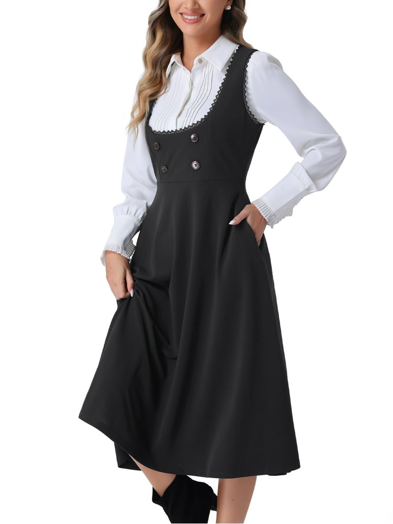 Inspire Chic Vintage Pinafore Dress for Women's Lace Trim Button Overalls Midi Dress with Pockets S Black Inspire Chic Vintage Pinafore Dress for Women's Lace Trim Button Overalls Midi Dress with Pockets S Black