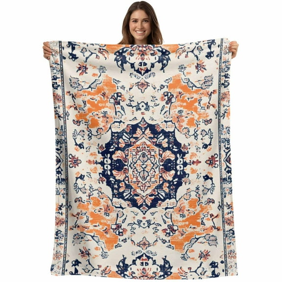 Flannel Fleece Throw Blanket Bohemian Orange Retro Ethnic Style Lightweight Soft Plush Blankets,Seamless Splicing Cozy Warm Throw Blanket for Couch Sofa Bed Car Office All Season Use 40x50in