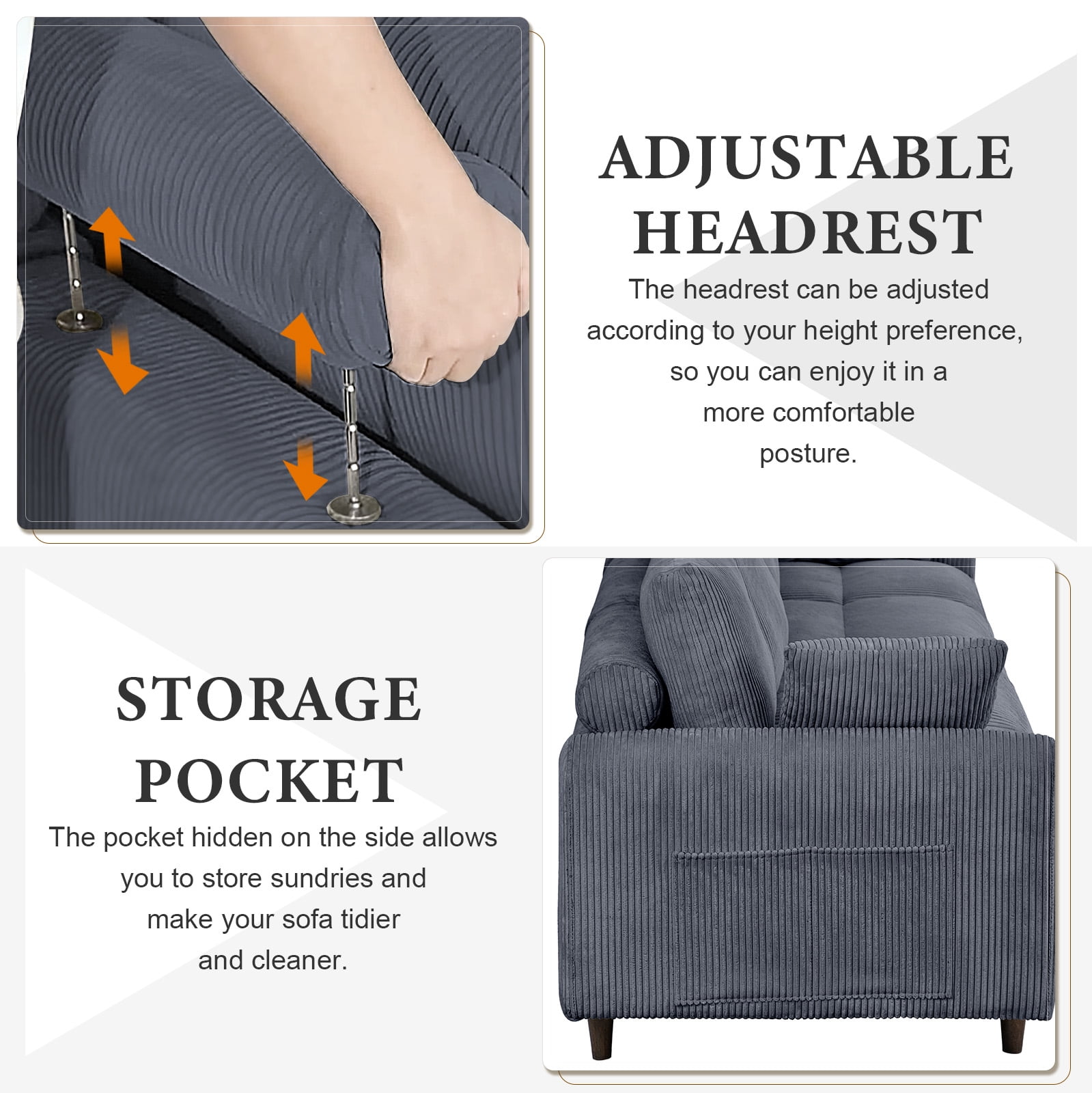 BSHTI Modern 6-Seat Corduroy Modular Sectional, U-Shape Convertible Couch with Ottoman, with Adjustable Head Pillows and Storage Pockets, Grey