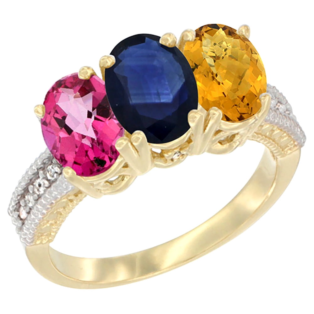 14K Yellow Gold Natural Pink Topaz, Blue Sapphire & Whisky Quartz Ring 3-Stone 7x5 mm Oval Diamond Accent, sizes 5 10 by WorldJewels