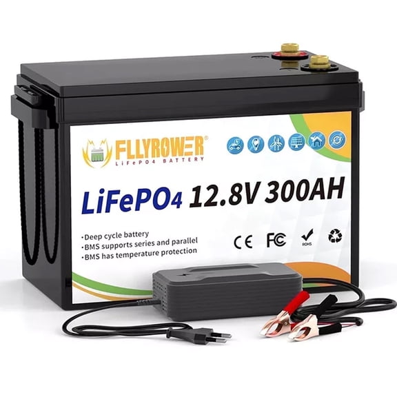 12V 300Ah LiFePO4 Battery with Charger,for RV,Solar,Motorhome and Boat,Golf Cart,Camping,Marine,15000  Deep Cycles,200A BMS FLLYROWER Lithium Battery