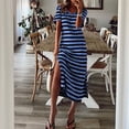 thumbnail image 5 of ClodeEU Women's Striped V Neck Short Sleeve Side Split Midi Dress,Soft Knit Casual Summer Dress Blue,Women's Plus L, 5 of 6