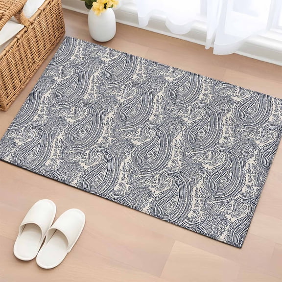 Paisley Entryway Rug 2'x3' Non Slip Front Door Mats, Vintage Mediterranean Abstract Texture Gray Blue Entrance Rugs Indoor Outdoor Carpet, Washable Floor Mats Small Area Rug for Bedroom Kitchen