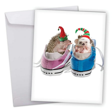 J6541HXSG Large Merry Christmas Card: 'Holidays from the Hedge' Featuring Adorable Hedgehogs Wearing Santa's Hats Perched in Sneakers Greeting Card with Envelope by The Best Card